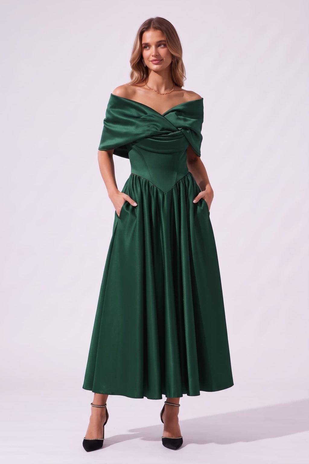 A-Line Ankle Length Satin Special Occasion Dress CS1104 - Hunter Green - COCOMELODY